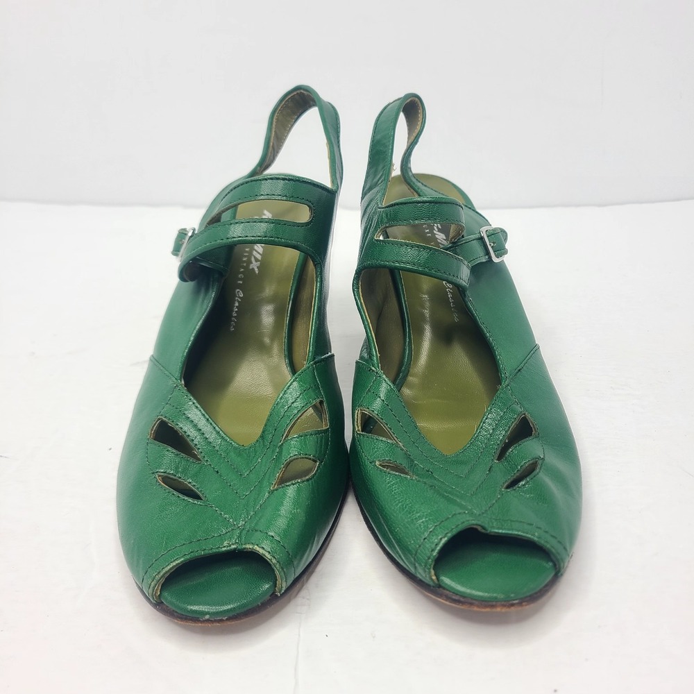 Re Mix Retro Style Shoes Green Leather Heels Peep Toe Pin Up Girl Rockabilly - Picture 4 of 9